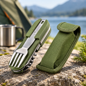 PROBEROS Camping Cutlery Set with Carry Pouch – Green Folding Outdoor Travel Utensil Set