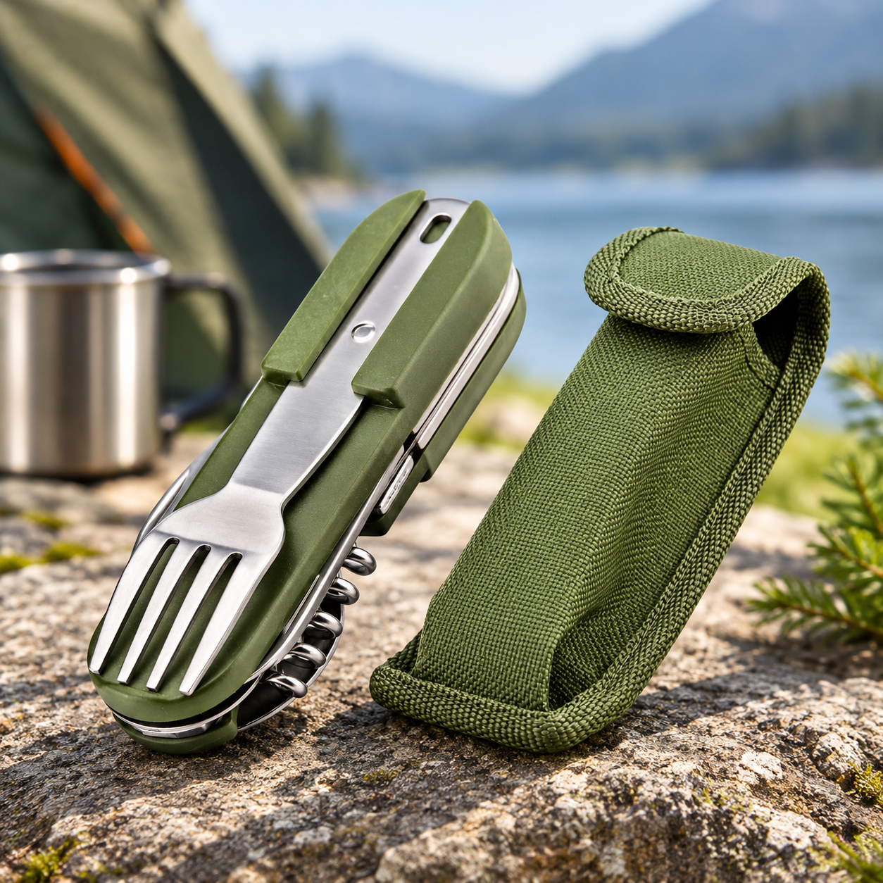 PROBEROS Camping Cutlery Set with Carry Pouch – Green Folding Outdoor Travel Utensil Set